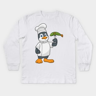 Penguin as Cook with Fish & Cooking apron Kids Long Sleeve T-Shirt